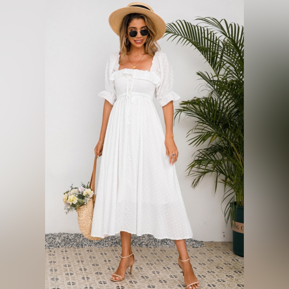 Women Summer Half Sleeve Cotton Ruffled Elegant Backless A Line Flowy Dress